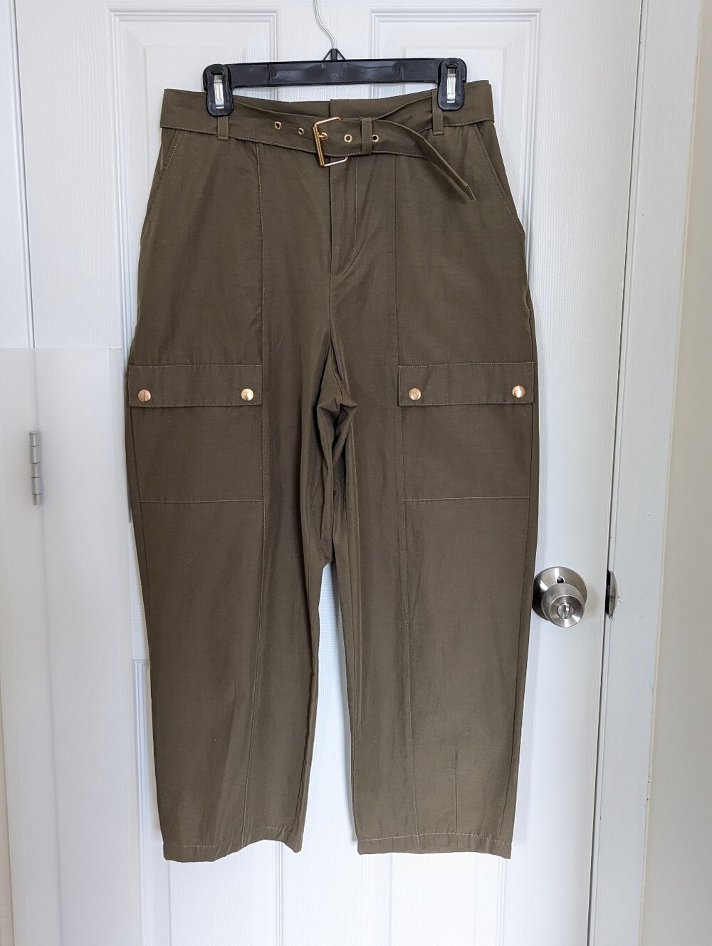 Zara Olive Green Belted Paper Bag Cargo Pants